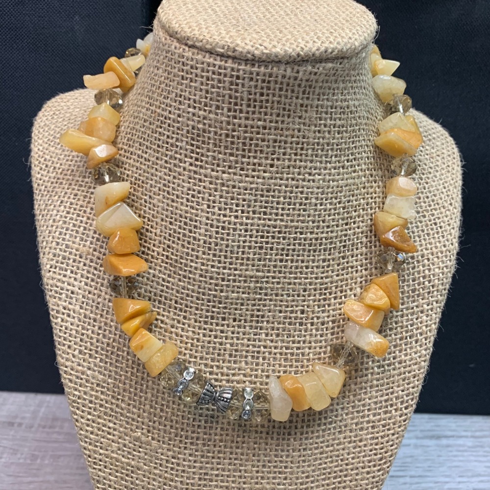 Yellow Gemstone Chip Beaded Necklace 16 Inch Rhinestone Accents Earthy Boho 5608